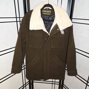 Zara Man Aviator Field Jacket Green Winter Coat Small Shearling Collar WoolBlend